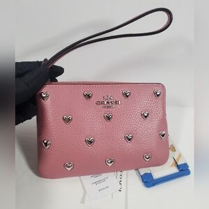 SOLD Coach Corner Zip Wristlet with Heart Rivets NWT